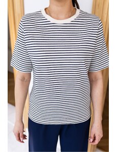 Laluvia Ecru-Navy Blue Striped Crew Neck Cotton T-Shirt