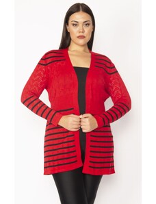 Şans Women's Plus Size Red Openwork Knitted Striped Sweater Cardigan