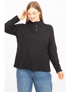 Şans Women's Black Plus Size Cotton Fabric Front Button Button Blouse