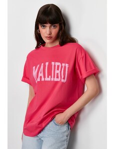 Trendyol Pink 100% Cotton City Motto Printed Oversize/Casual Fit Knitted T-Shirt