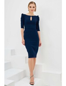 Carmen Navy Blue Crepe Pearl Embroidered Midi Evening Dress