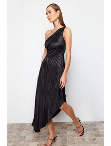 Trendyol Black Asymmetric Knitted Pleat Detailed Satin Elegant Evening Dress