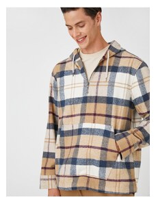 Koton Plaid Oversize Sweatshirt Hooded Pocket Detailed Half Zipper