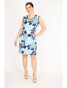 Şans Women's Blue Plus Size Crew Neck Patterned Dress 65n37445