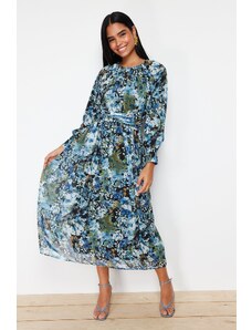 Trendyol Black Blue Floral Belt Detailed Woven Dress