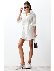 Trendyol White Belted 100% Cotton Mini Woven Shirt Dress