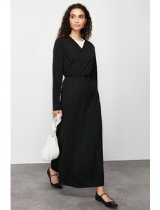 Trendyol Black Double-breasted Collar Belted Plain Knitted Prayer Dress