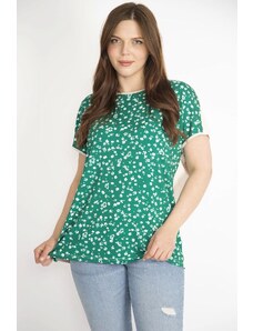 Şans Women's Green Plus Size Front Patterned Low Sleeve Blouse