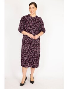 Şans Women's Colorful Large Size Woven Viscose Fabric Front Button Dress