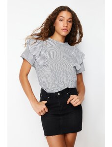 Trendyol Black Ecru Striped Ruffle Detailed Regular/Normal Fit Knitted T-Shirt