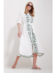 Trend Alaçatı Stili Women's White Large Collar Front Buttoned Skirt Frilly Maxi Length Embroidered Dress