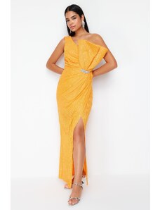 Trendyol Orange Sequin Stone Accessory Long Evening Dress
