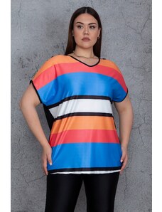 Şans Women's Plus Size Colorful Front Color Combination Low Sleeve Blouse