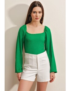 Bigdart 0465 Knitted Blouse with Balloon Sleeves - Green