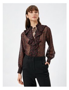 Koton Floral Chiffon Shirt with Frilled Collar Tie Detail Long Sleeves