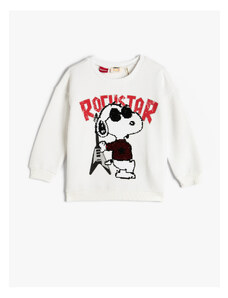 Koton Snoopy Sweatshirt Licensed Crew Neck Sequined Raised Cotton