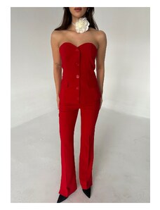 Laluvia Red Strapless Blouse Cuff Detailed Trousers Set