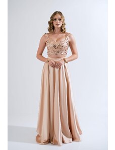 Carmen Gold Stone Bustier Skirt Satin Suit Evening Dress