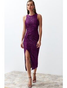 Trendyol Purple Fitted Knitted Shiny Sequined Elegant Evening Dress