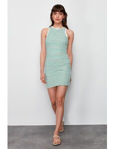 Trendyol Green Striped Knitwear Look Fitted Halter Neck Zero Sleeve Knitted Mini Dress