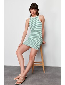 Trendyol Green Striped Knitwear Look Fitted Halter Neck Zero Sleeve Knitted Mini Dress