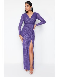 Trendyol Purple Sequined Long Woven Elegant Evening Dress