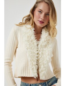 Happiness İstanbul Women's Cream Fur Collar Soft Textured Knitwear Cardigan