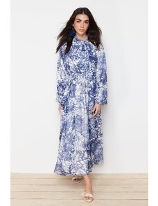 Trendyol Blue Floral Pattern Lined Long Chiffon Evening Dress