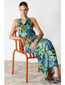 Trendyol Green Floral Printed Fitted/Slippery Turndown Collar Flexible Knitted Two Piece Set