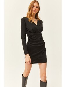 Olalook Women's Black Draped Detail Double Breasted Mini Dress