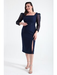 Lafaba Women's Navy Blue Square Neck Belted Midi Plus Size Evening Dress
