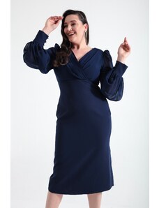 Lafaba Women's Navy Blue Double Breasted Neck Plus Size Evening Dress