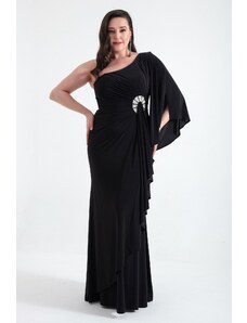 Lafaba Women's Black One-Shoulder Stone Detailed Long Evening Dress