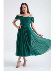 Lafaba Women's Emerald Green Boat Neck Draped Midi Flared Evening Dress