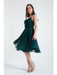 Lafaba Women's Emerald Green Stone Strap Midi Evening Dress