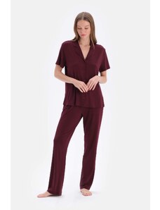 Dagi Burgundy Viscose Shirt Trousers Pajamas Set
