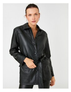 Koton Oversize Faux Leather Jacket Košilový límec s páskem