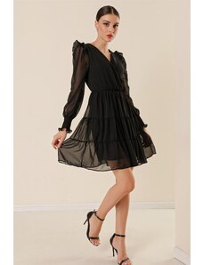 By Saygı Double Breasted Collar Lined Chiffon Dress with Ruffled Sleeves