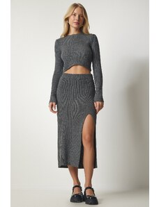 Happiness İstanbul Women's Dark Gray Ribbed Crop Skirt Knitwear Suit