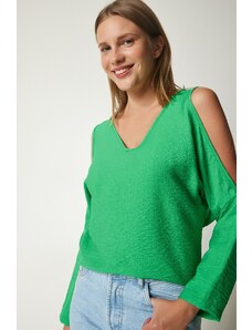Happiness İstanbul Women's Green Off-the-Shoulder, Flowy Curtain Split Blouse