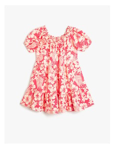 Koton Linen Dress Floral Balloon Sleeve Tiered