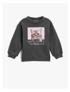 Koton Cat Printed Sweatshirt Long Sleeved Crewneck Collar with Stockings