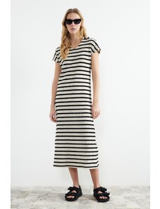 Trendyol White Striped Knitted Look Polo Neck Maxi Knitted Maxi Dress
