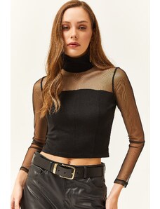 Olalook Women's Black Crop Blouse with Drop Detail on the Back