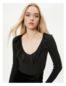 Koton Knitwear Sweater V-Neck Lace Ribbed - Handmade Collection