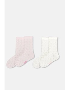 Dagi Ecru-Pink Girl's 2-Piece Heart Patterned Socks