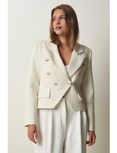 Happiness İstanbul Women's Ecru Asymmetric Detail Crop Tweed Jacket