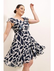 By Saygı Plus Size Chiffon Dress with Ruffle Collar, Geometric Pattern and Lined