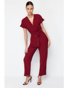Trendyol Claret Red Lacing Detailed Double Breasted Collar Pipe Leg Woven Jumpsuit