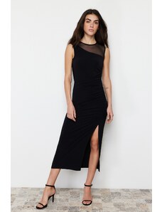 Trendyol Black Tulle Detailed Gathered Slit Bodycone/Sleeping Knitted Maxi Dress